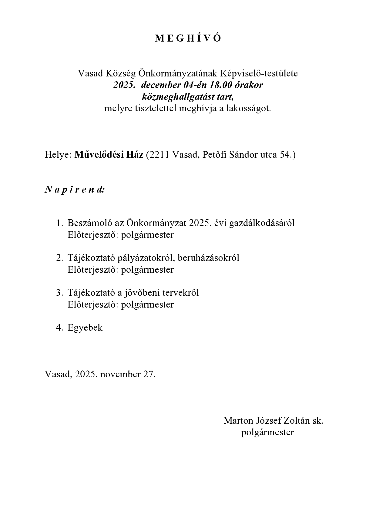 Meghívó Közmeghallgatásra